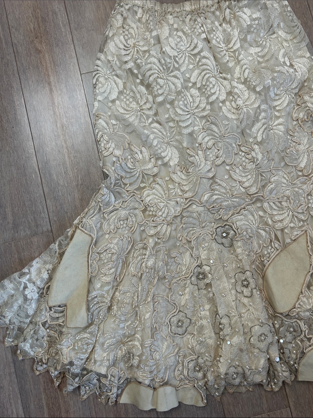 VTG lace suede layered beaded midi Floral Mermaid Skirt - Cream size M - Picture 3 of 14